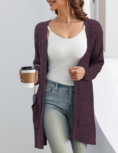 Image of OmicGot Women's Open Front Casual Long Sleeve Knit Classic Sweaters Cardigan with Pockets Mulberry S
