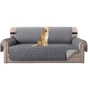 H.VERSAILTEX Reversible Sofa Cover for 3 Cushion Couch Water Resistant Couch Cover for Dogs Non Slip Furniture Protector Cover with Elastic Strap for Pet Cat (Seat Width: 66″, Grey/Beige)