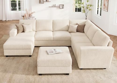 Image of HONBAY Corduroy Sectional Couch with Storage, U Shaped Sectional Sofa, 8 Seater Sectional Couch for Living Room, Beige