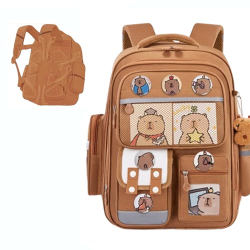 JDIV Capybara Backpack, Kawaii Kapibara Large Capacity Backpacks, with 10 Capybara items and a pencil case (Brown,Large)