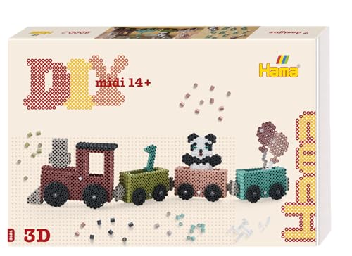 HAMA Art – Tren de cumpleaños 3D | Aprox. 6.000 perlas, 3 placas, 4 conectores Hama, hoja de diseño impresa a color, instrucciones y papel de planchado