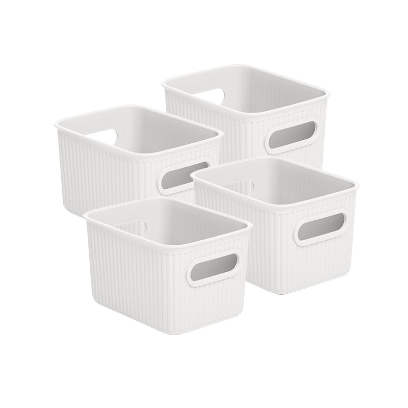 Decorative Plastic Basket Open Home Storage Bins Organizer Baskets, Small White (4 Pack) Container Boxes for Organizing Closet Storage Bins for