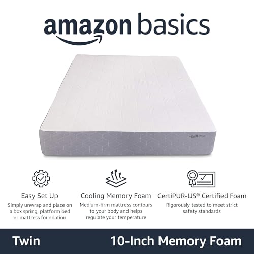 Image of Amazon Basics Memory Foam Mattress, Medium-Firm, Cooling Gel, Breathable Support, Twin Size, CertiPUR-US Certified Foam, 75 x 39 x 10 inches, White /Gray