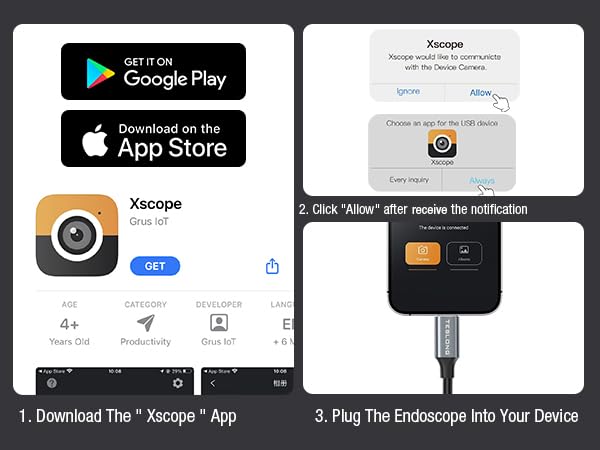 Three-step guide for app setup: download Xscope, allow permissions, and plug in endoscope