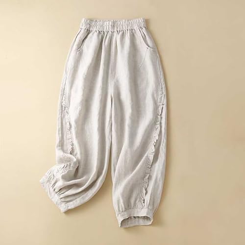 Womens Cotton Linen Capri Pants Vintage Embroidery Elastic Waist Solid Casual Pants Ruffle Cropped Trousers Pockets2