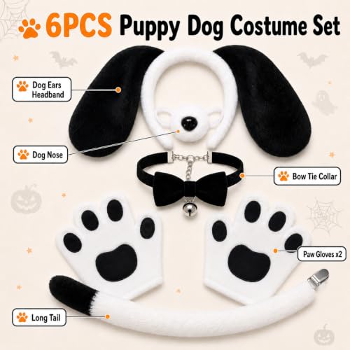 CaeyBrye 6PCS Puppy Dog Costume Set for Adults, Puppy Dog Ears Headband, Paw Gloves, Dog Nose, Tail, Bow Tie & Bell Collar, Halloween Dog Cosplay Costume Accessories - image 2