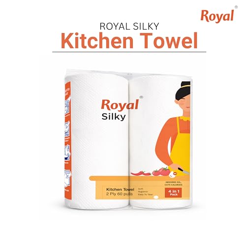 Image of Royal Silky Kitchen Tissue Rolls - 1920 Pulls | 60 Kitchen Towels X 32 Rolls| 2-Ply Soft & Strong Kitchen Paper Towel | Highly Absorbent Disposable Kitchen Tissue | 4 rolls x Pack of 8