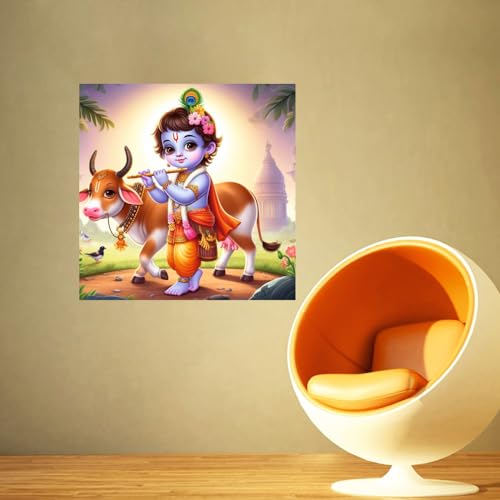 Image of Akki World Shree Bal Krishna With Cow God Wall Poster For Pooja Room, Bedroom, Kids Room, (Size - 46Cm X 46Cm)