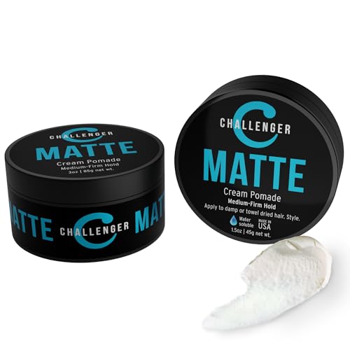 Combo Pack - 1.5OZ AND 3OZ Matte Cream Pomade - Medium Firm Hold - Best Men's Styling Cream From Challenger - Water Based, Clean & Subtle Scent. Men's Hair Wax, Fiber, Clay, Paste All In One