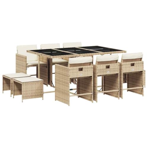 vidaXL Garten Essgruppe 11-TLG., Gartenmöbel Set mit Kissen Gartentisch 6 Gartenstühlen 4 Gartenhockern, Gartengarnitur Platzsparend, Sitzgruppe Essgarnitur, Beige Poly Rattan