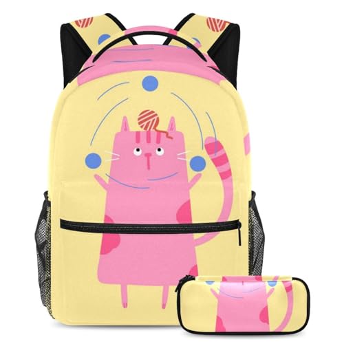 Sac à dos chat amusant avec trousse à crayons grand sac d'école pour adolescents et étudiants