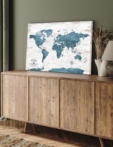 Image of IPIC - Vintage Teal World Map Canvas Wall Art, Push Pin World Map to Track Your Travels, Rustic Style Wall Decor for Home, Office, Living Room or RV, Ready to Hang, Made in USA