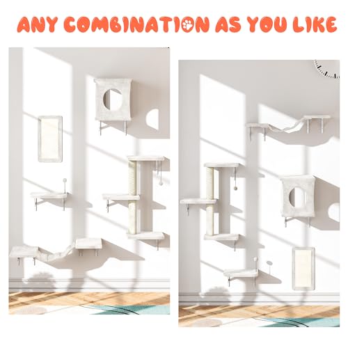 NUNU LAB Cat Wall Shelves PT012-BE-VC Mueble de Pared para Gatos 5 Piezas con Casa, Puente, Escalones y Poste Rascador Beige miniatura 2