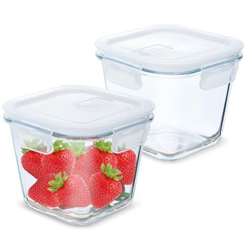 Iceten Minimalist Square Glass Meal Prep Containers, 2 Pack, 880ml Capacity, Leakproof, Airtight, Microwave, Oven, Freezer & Dishwasher Safe