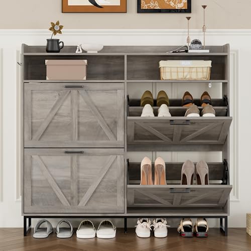 Image of BORNOON Shoe Cabinet with 4 Flip Drawers Narrow Shoe Storage Cabinet Organizer Wooden Freestanding Shoe Rack Hidden Slim Shoes Storage Cabinet for Entryway, Hallway, Living Room, Bedroom