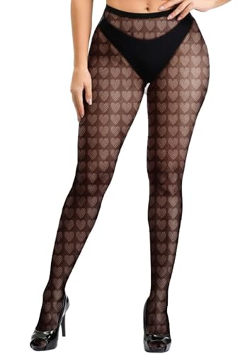 Heart Tights Valentine's Fishnets Pattern Stockings Womens Black Sexy Pantyhose All Over Hearts Print Sheer Tights Net Leggings2