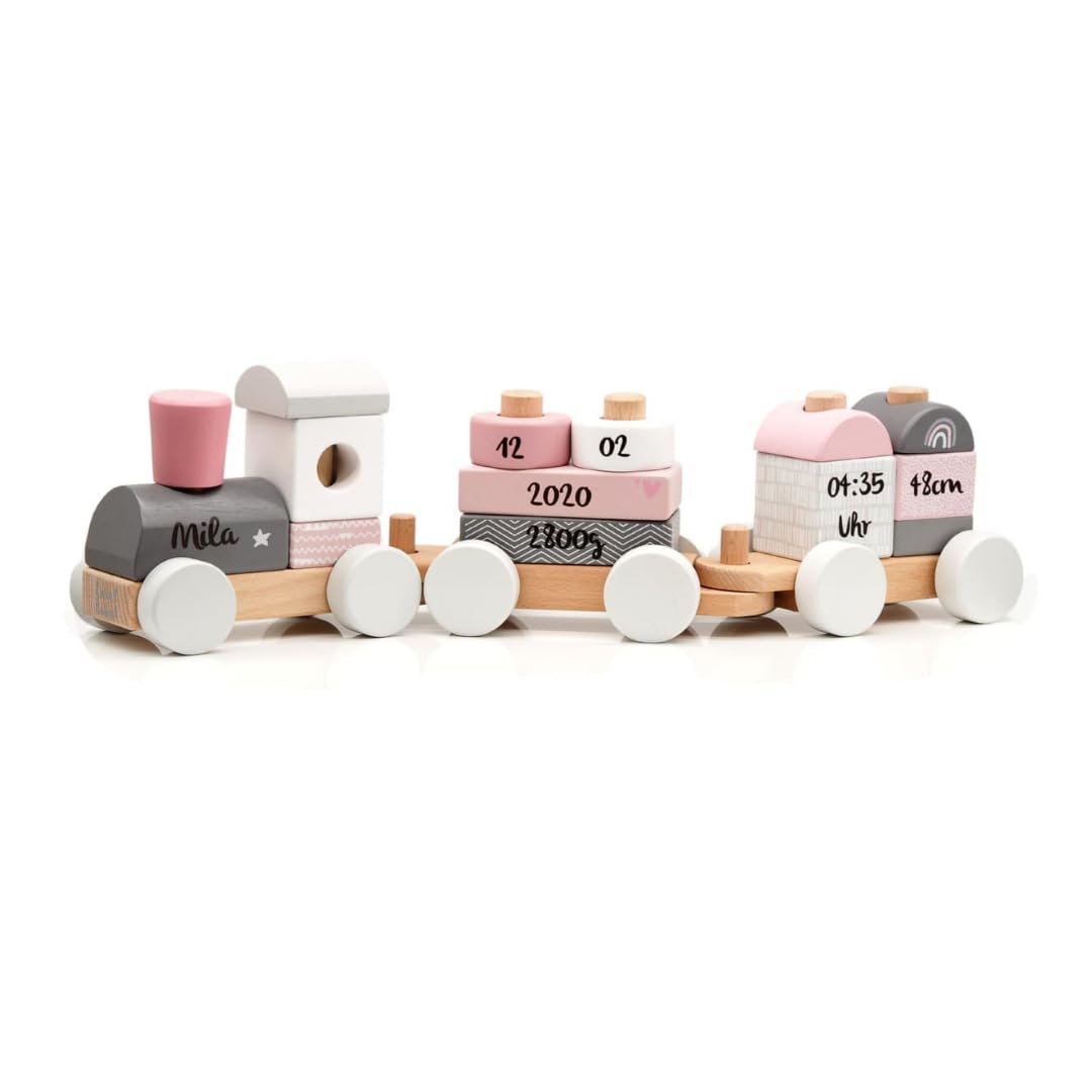 KIDSLINO Holz Eisenbahn rosa - personalisierbar I Geschenk zur Geburt Mädchen I Handmade Holzspielzeug mit Steckformen I Personalisierte Geschenke Baby I Holzzug mit Name & Geburtsdaten