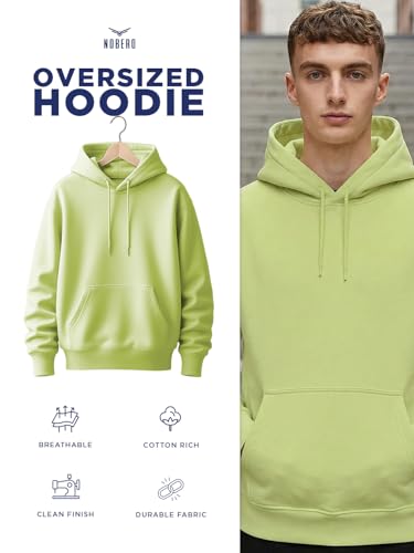 Image of NOBERO Oversized Solid Hooded Sweatshirt for Men | Oversized Hoodie for Men | Hooded Pullover | Cotton Rich Printed Hoodie 280 GSM Fleece