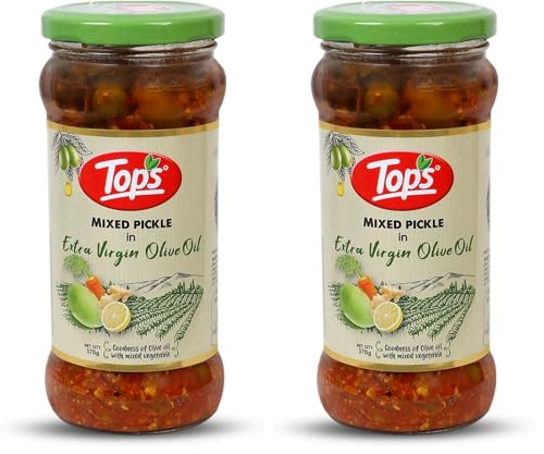 Image of TOPS Olive Oil Mixed Pickle -370 gm Glass Jar | Perfect blend of nine select seasonal vegetables in extra virgin olive oil and aromatic spices (Pack of 2)
