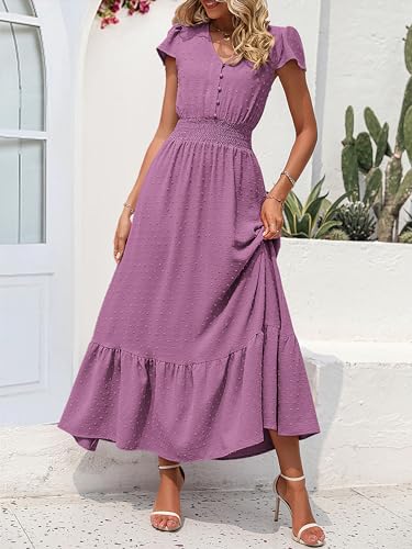Image of PRETTYGARDEN Womens Dresses 2026 Summer Maxi Dress Boho Short Sleeve V Neck Swiss Dot Ruffle Tiered Smocked Flowy Long Dress