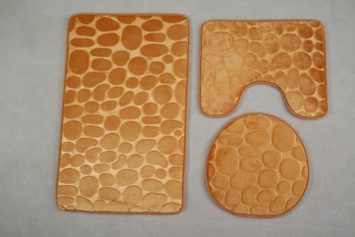 Nvzi 3-teiliges Toiletten-Set aus Flanell, mit Gänsestein, 3-teilig, weiche und bequeme Badematte mit WC-Deckelbezug, rutschfest, saugfähig, Karamellfarben, 2 Sets