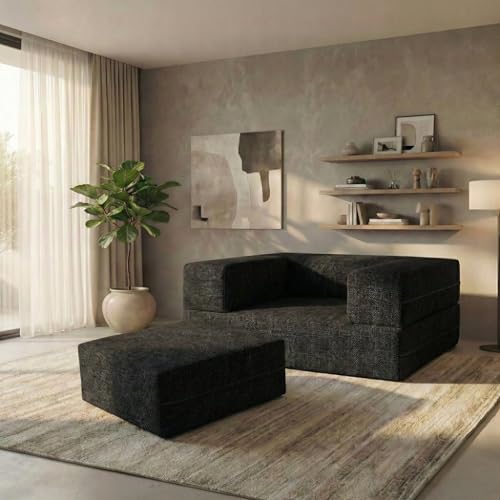 Image of C-Type Sofa Bed 3x6 Ft with Pouffe - Jute Fabric Convertible Floor Sofa Cum Bed with Wide Arm Support for Living Room & Guest Room - Black Color