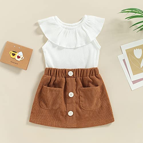 Yccutest Infant Baby Girls Skirts Summer Outfits Sleeveless Ruffle Ribbed Crewneck Romper + Corduroy Skirt Set 3-24M (White&Brown,18-24 Months) #TOP5