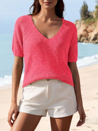Image of Saodimallsu Womens Short Sleeve Sweater Summer V Neck Casual Tops Lightweight Loose Knit Pullover Shirts