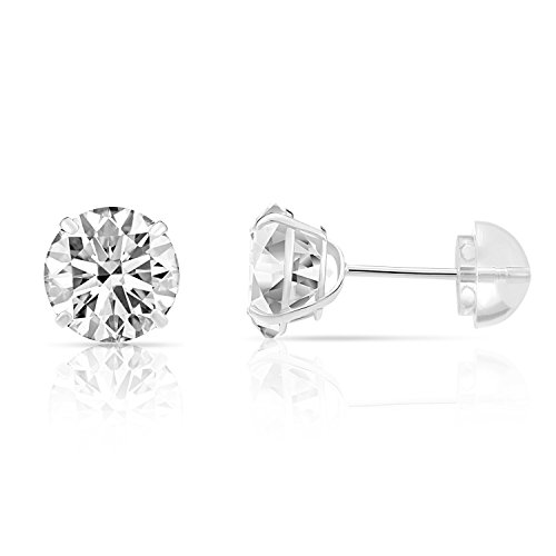 14K White Gold Solitaire Round Cubic Zirconia Stud Earrings With Silicone Pushbacks (3Mm) #TOP1