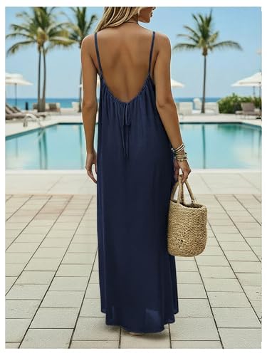 Image of SHENHE Women's Open Back Spaghetti Strap Beach Maxi Dress Loose Flowy Vacation Sundress