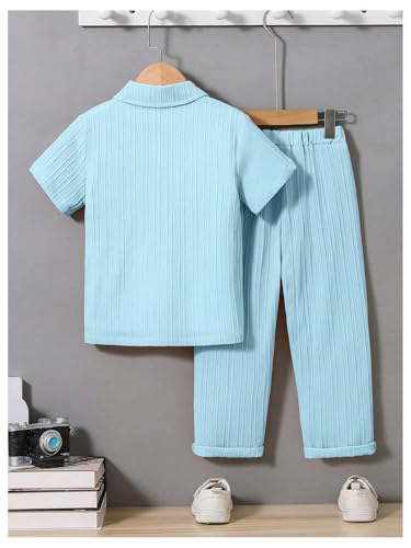 Image of RoseSeek Boy's 2 Piece Outfits Textured Button Down Short Sleeve Collar Shirts Tops and Elastic Waisted Pants Blue 7Y