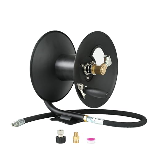 MAVPAWIY Pressure Washer Hose Reel 50ft Heavy-Duty Metal Hose Reel, Pressures up to 4000 PSI. Featuring a hand crank, air/liquid/water Use
