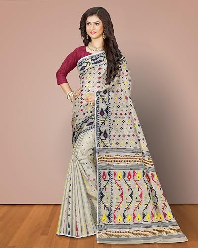 Image of Mayabi Women's Dhakai Jamdani Cotton Silk Saree Traditional Bengali Tant Korat Work, Without Blouse Piece