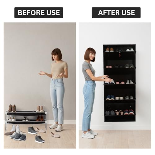 Image of 5 Door Wall Mounted Metal Shoe Rack Cabinet with Lock | Space Saving Shoe Storage Cabinet | Dustproof & Ventilated Shoe Organizer for Home, Entryway, Bedroom & Balcony | Brown | 63 x 26 x 6 Inch
