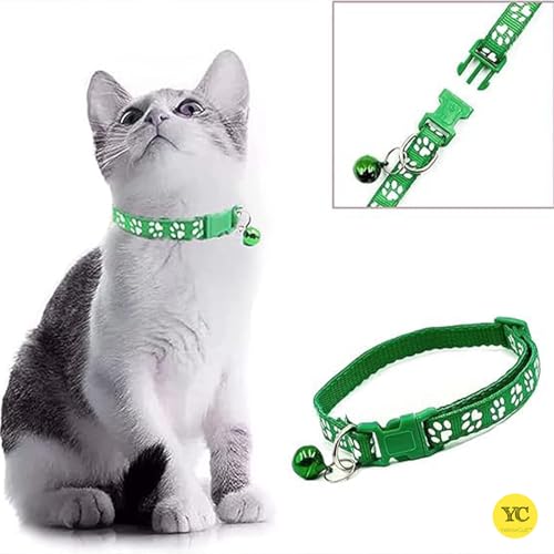 Image of YellowCult Dog /Cat Collar Leash Set with Adjustable Soft Nylon Paw Print Pet Collar for Cats, Puppies, Small Dogs, Fat Rabbits Walking Training, Bell & Quick Release Buckle Safety Lock -[Black]