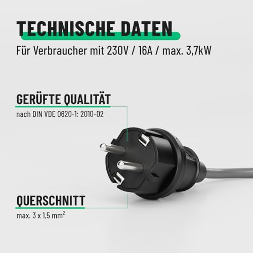 greate 3x Schuko Stecker Aussenbereich mit Knickschutz - Schukostecker Gummi mit Zugentlastung, 2-polig, 230V, 16A & 3,7kW - IP44 Schukostecker Außenbereich schwarz - Schutzkontakt Stecker 230V
