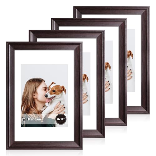 Image of iRahmen 8x12 Vintage Picture Frame with Mat 6x8 - High Definition Real Glass Wooden Photo Frames for Tabletop Display and Wall Mounting (Dark Brown, Set of 4)