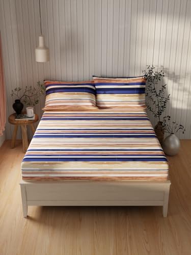 Image of KOPA Extra Smooth Cotton Double Bedsheet with 2 Pillow Covers -3pc Set (Lopez) | Extra Smooth Cotton | 1 Double Bedsheet with 2 King Size Pillow Covers Stripe-lt.Brown