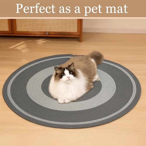 Image of Cotton Round Carpet 4x4 feet - Handmade Braided Boho Rug for Living Room, Bedroom & Balcony - Soft Washable Floor Mat, Color -Grey Silver