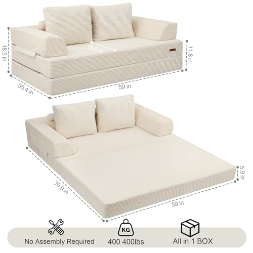 Image of COMAX Futon Sofa Bed, Convertible Sofa Bed, Folding Boneless Couches | Boneless Couch for living room, 4‑in‑1 Fold Out Small Foldable Loveseat Floor Sleeper Mattress Lounge Space‑Saving, Beige