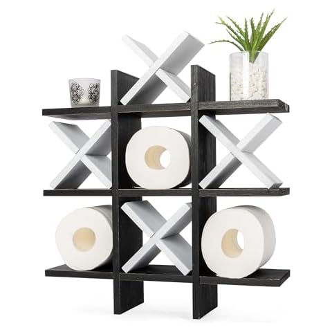 GENMOUS Handmade Tic Tac Toe Toilet Paper Holder Stand with 4pcs Wooden X, Funny Wall Mounted Toilet Papers Storage with Shelf, Farmhouse Toilet Paper Roll Storage for Guest Bathroom or Home Décor Cover