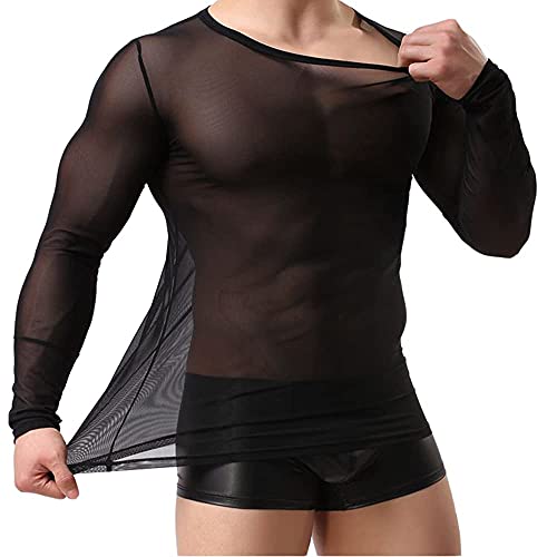 Jungerhouse Mesh T-Shirt Herren Unterhemd Basic Langarm Shirt Slim Fit Hemd T-Shirt Transparent Langarmshirt Oberteile Sexy Mesh Rundhals Top Clubwear in Schwarz Weiß M-XL Longsleeve (M,Schwarz) Cover