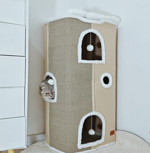Spindro 4-Level Cat Cave Bed with Scratch Pad, Beige