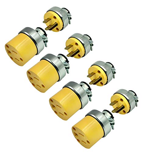 BRUFER 310320-01Heavy Duty ARMORED Male and Female Extension Cord Replacement Plugs 3-Prong 125V 15A - 3 Wire Replacement Male and Female Electrical ARMORED Plug Sets - Bulk Pack of 4 Sets