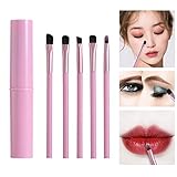 ❤ 【Recibirás】 5 mini pinceles maquillaje ojos, de color rosa, el paquete incluye delineador de ojos y pincel de labios, pincel para polvos para cejas, pincel oblicuo para sombras de ojos, pincel para manchas ahumadas, pincel para corrector de sombras de ojos, 1 balde de almacenamiento.