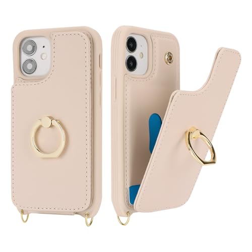 Image of for iPhone 12 Mini Case with Card Holder and Strap for Women,Crossbody Lanyard,Kickstand Ring Stand,Snap Clasp,RFID Blocking,Phone Wallet Cases 5.4 inch(Beige)
