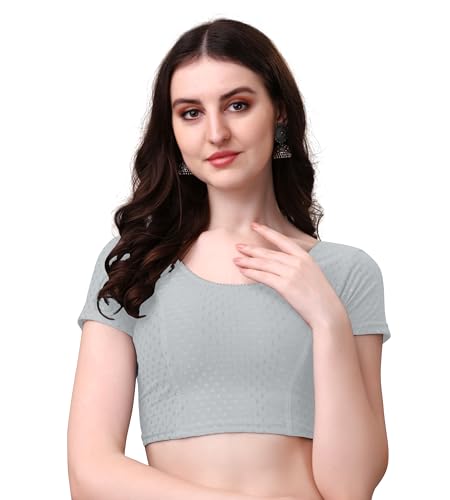 Image of Mogsa Stylish Cotton Saree Blouse for Women | Soft Dobby Stretch Fabric | Round Neck | Stitched Blouse for Party, Casual & Festive Use