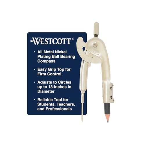 westcott nickel-plated ball bearing compass with pencil back-to-school school supplies classroom supplies draws circles up to 13 inches in diameter