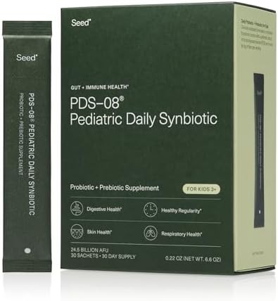 Seed PDS-08 Pediatric Daily Synbiotic – Fiber-Based Prebiotic & Probiotic for Kids – Digestive Health, Regularity, Constipation Relief – Ages 3-17 – Vegan and Shelf-Stable – 30 Sachets (30-Day Supply)
