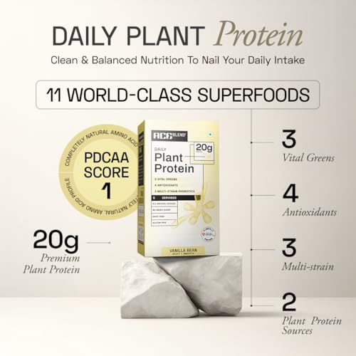 Image of Ace Blend Daily 20G Plant Protein (5 Servings)| Pea & Brown Rice Isolate | 3 Vital Greens 4 Antioxidants 3 Probiotics | Boosts Strength, Recovery & Fat Loss | No Added Sugar | Unisex | Vanilla Flavour
